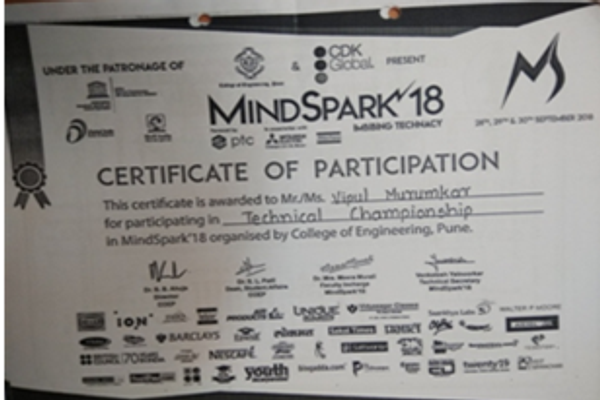 Vipul Murumkar won Technical Championship at MINDSPARK2018