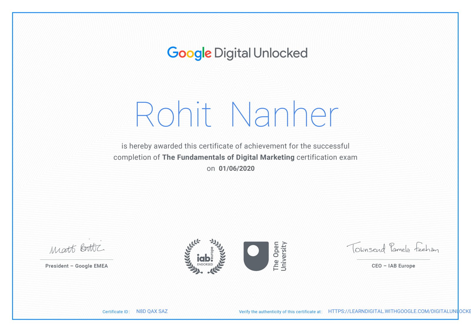Rohit Nanher, completed fundamentals of digital marketing certification exam